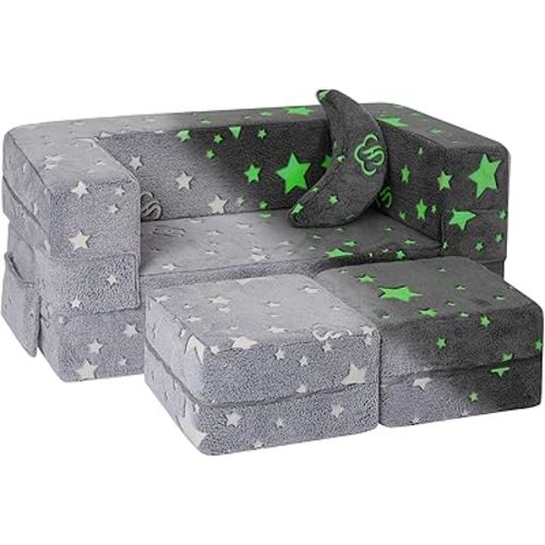 Modular Kids Sofa, Glow in The Dark Star Plush Couch, Convertible Kids Play Set, Fold Out Sofa Bed(Stars)