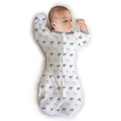 Amazing Baby Transitional Swaddle Sack with Arms Up Half-Length Sleeves and Mitten Cuffs, Small, 0-3 months, 6-14 lbs, Tiny Elephants, Sterling (Arms Up Swaddle, Transition Swaddle Sleep Sack)