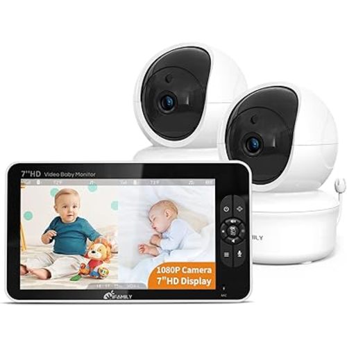 7" Large Split Baby Monitor with 2 HD Cameras and Audio, 1080P HD Video Baby Monitor No WiFi,Hack Proof, Remote Control,VOX Mode, Auto Night Vision, Built in Lullabies n White Noise