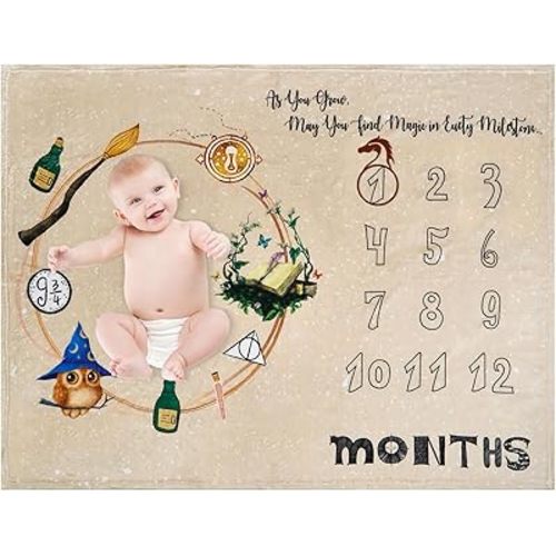 Magic Elements Monthly Baby Milestone for Boys and Grils Flannel Blanket Boy Newborn Baby Blanket Growth Picture Baby Blanket (with Photo Frame) 50"x40"