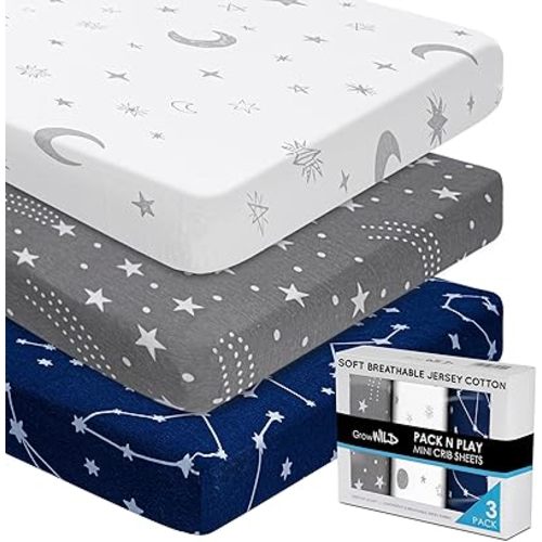 GROW WILD Pack n Play, Mini Crib Sheets 3-Pack | Soft Jersey Sheet Set for Boys or Girls | Playard Mattress, Pack and Play Sheets Fitted | Portable Bassinet Sheet - Stars & Moon Nursery Bedding