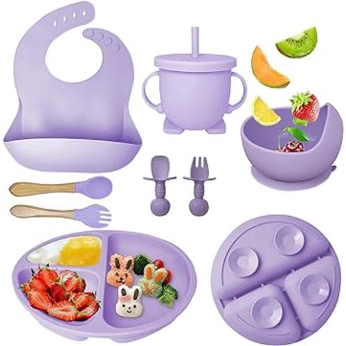Mrkyy Baby Feeding Set 8 Piece | Baby Led Weaning Utensils Set Includes Suction Bowl and Plate, Baby Spoon and Fork, Sippy Cup with Straw and Lid | Baby Feeding Supplies -Purple