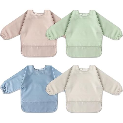 4 Pack Long Sleeve Bib, Waterproof Sleeved Smock for Baby Boy or Girl, Toddler Full Sleeve Bib Outfit, Reusable Bib with Pocket, Fits Ages 6-24 Months