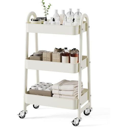 SMUG 3 Tier Rolling Cart - Metal Utility Carts on Lockable Caster Wheels, Mobile Storage Shelves Organizer for Livingroom, Bathroom, Kitchen, Bedroom & Narrow Places, White
