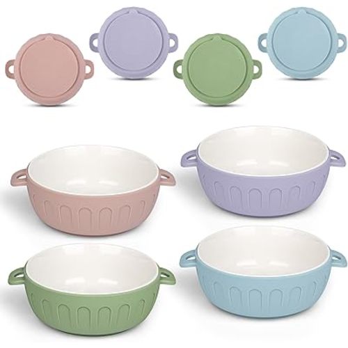 iNeibo 4 Packs Porcelain Baby Bowls with Silicone Suction Sleeve for Toddler Feeding, BPA-Free, Non Slip, Microwave & Dishwasher Safe