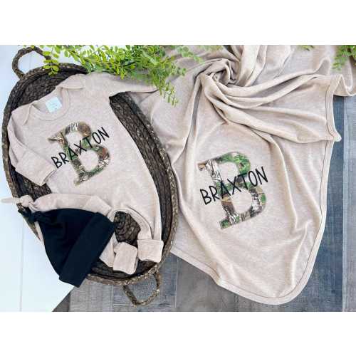 Personalized neutral baby romper with fold over footies, custom boy coming home outfit, baby shower gift, camo hunting country