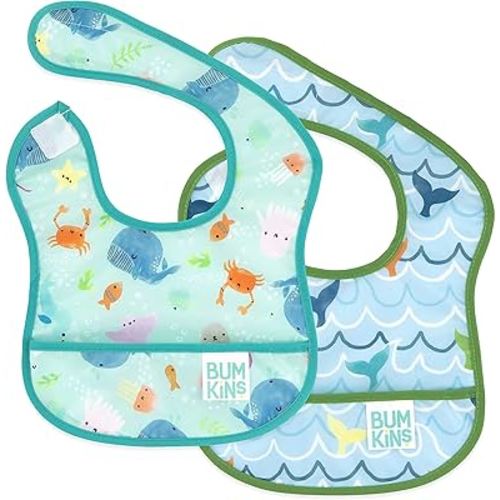 Bumkins Bibs, for Baby Girl or Boy, Infant 3-9 Months, Essential Must Have for Eating, Feeding, Baby Led Weaning Supplies, Mess Saving Waterproof Soft Fabric, Starter Bib 2-pk Blue Ocean Life