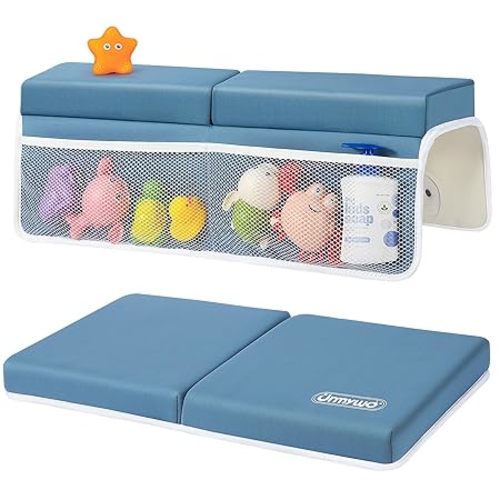 URMYWO Bath Kneeler and Elbow Rest Pad Set - 1.5" Thick Baby Bath Kneeler Pads with Toys Organizer, Anti-Slip Cozy Knee & Arm Support Bathtub Mat, Quick Dry Kneeling Pad for Baby Bath Time