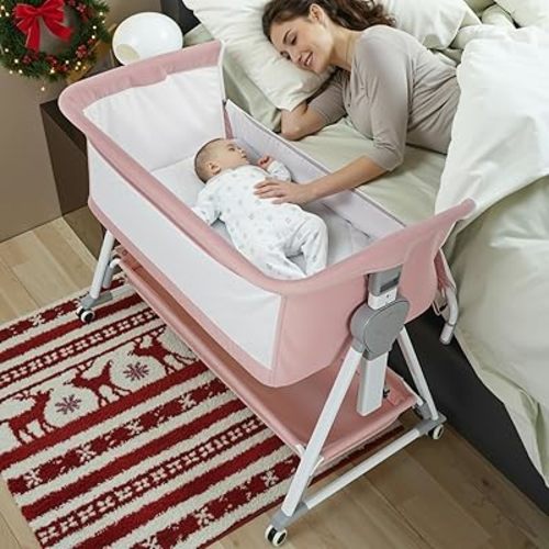 Cowiewie Bassinet Bedside Sleeper, Baby Bassinet with 7 Adjustable Height, Bedside Bassinets for Baby with Breathable Mesh Sides & Mattress, XL Storage, Easy Folding Crib (Pink and White)