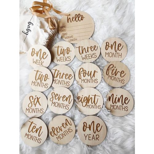 Wooden Milestone Cards and Discs 16pc Set for Baby Photos and First Year Milestones - New Parents and Baby Showers with "Hello World" Sign and Monthly Cards from 1-12 Months.