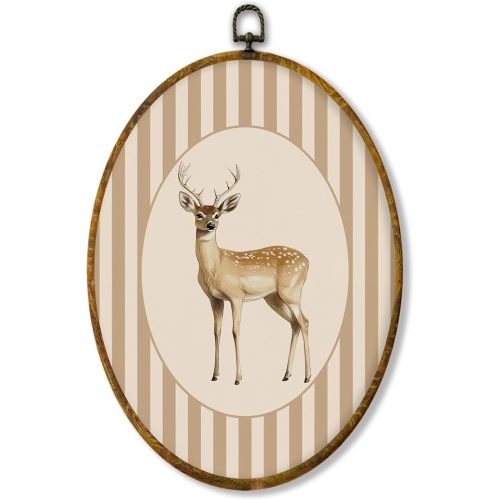 shiviody Spotted Deer Nursery Canvas Wall Art Decor, Beige Striped Nursery Decor, Forest Animal Oval Hanging Frame Prints Decorations for Home Kids Toddler Room Bedroom Playroom 8.6"x11.4"