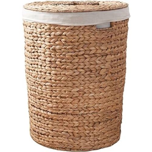 Woven Laundry Hamper with Lid - Large Round Wicker Basket for Clothes Storage - Water Hyacinth Rattan Hamper - Perfect for Halloween & Thanksgiving Décor (Natural Brown, 15"x15"x20")