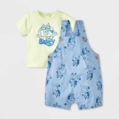 Baby Boys' 2pc Bluey Chambray Short Sleeve Overalls & T-shirt Set - Blue/green 18m