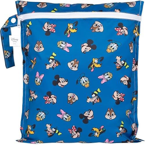 Bumkins Disney Waterproof Wet Bag for Baby, Travel, Swim Suit, Cloth Diapers, Pump Parts, Pool, Beach, Gym Clothes, Toiletry, Hook to Stroller, Daycare, Zipper Reusable Wetdry, Mickey and Friends Blue