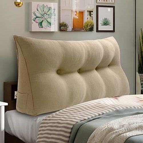 WOWMAX Triangular Headboard Pillow Bed Wedge Pillow for Headboard Full Size Wedge Pillow Headboard for Daybed Bunk Bed Large Bolster Pillow for Bed, 85% Linen 15% Cotton Blend Light Brown/Tan