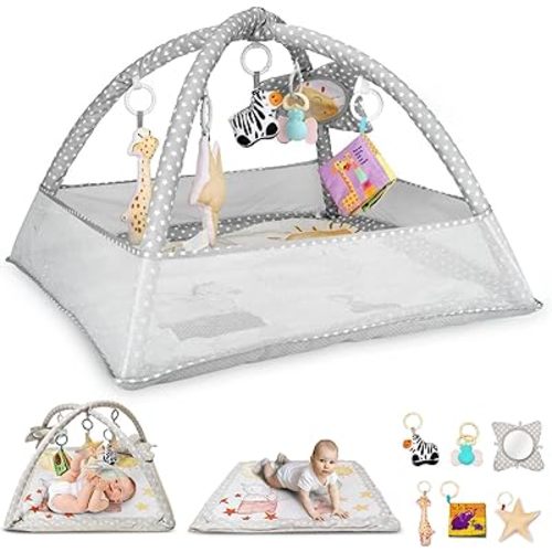 6-in-1 Baby Play Gym Activity Center, Portable Baby Activity Mat with 6 Removable Toys for Motor Skills & Sensory Development, Baby Tummy Time Play Mat for 0-18 Months, Easy Clean & Assemble (Grey)