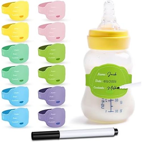 12 Pcs Baby Bottle Labels for Daycare, Silicone Daycare Bottle Labels Day Care Essentials Reusable Waterproof Water Bottle Name Bands in Shape Design with Marker Pens, 6 Colors (Dog Style)