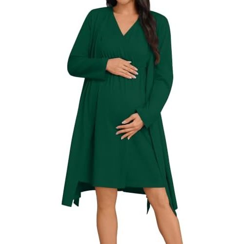 SWOMOG Women 100% Cotton Maternity Nursing Gown and Robe Set 3 in 1 Labor Postpartum Soft Nightgown for Breastfeeding
