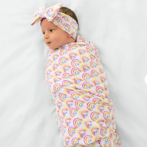 Pastel Rainbows Swaddle & Luxe Bow Headband Set - Little Sleepies