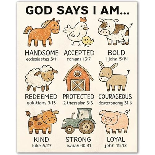 ZUKIY God Says I Am Farm Animals - Farm Animal Wall Art for Nursery Decor - Christian Poster for Kids Room - Unframed 8x10 Print for Baby Farm Nursery or Classroom Inspirational Decor