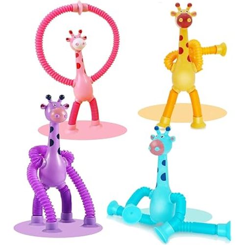 Pop Tubes Giraffe Fidget Toys for Kids, Telescopic Suction Cup Sensory Toys, Calming Anxiety & Stress Relief for Boys & Girls Ages 3–9, Fun Basket or Stocking Stuffer Gift - 4 Pack