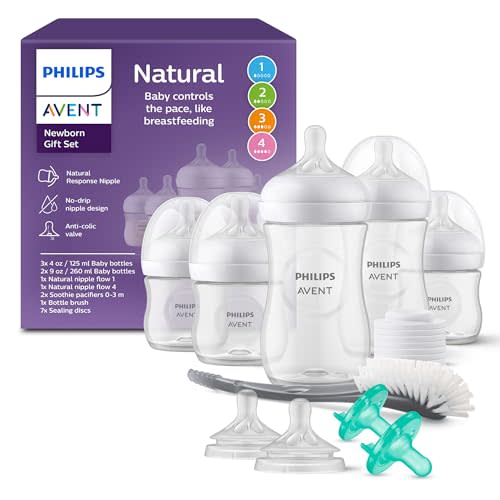 Philips Avent Natural Response Baby Gift Set - 3X 4oz Bottles with Slow Flow Nipple (Level 2), 2X 9oz Bottles with Medium Flow Nipple (Level 3), 2 Extra Nipples, 2X Soothie Pacifiers 0-3m, SCD838/02