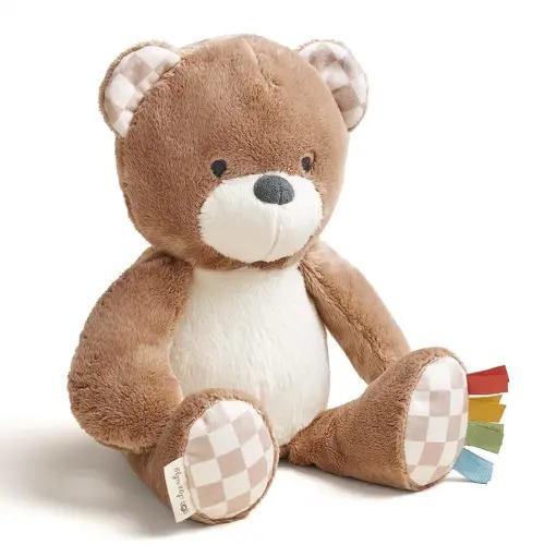 Itzy Ritzy Snuggles Plush Toy – Soft Stuffed Animal for Babies, Kids & Adults – Sensory Ribbons & Textured Fabrics for Tactile Play – Cozy & Cuddly Companion for Newborns & Up (Bear)