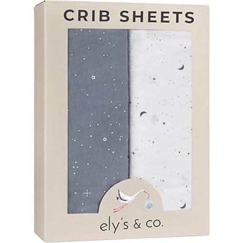 Ely’s & Co. Crib Sheets, Baby Boy Fitted Crib Mattress Sheet Set, 2 Pack, 100% Jersey Knit Cotton, Infant and Toddler Nursery Bedding, Celestial Blue Print, 28” x 52”