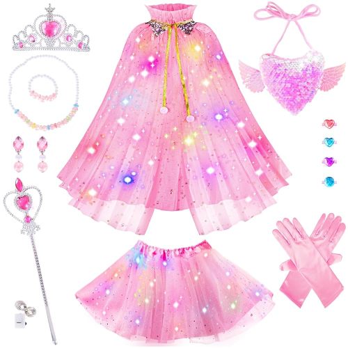 Princess Dress Up Clothes for Little Girl, Light Up Princess Cape Set with Crown, Princess Dresses for Girls 3-8 Role Play, Princess Toy Gift for Halloween Christmas Birthday Party