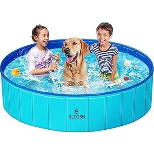 SLOOSH Foldable Dog Kiddie Pool - Portable Hard Plastic Doggie Swimming Pool, Anti-Slip Collapsible Pets Bath Tub Suitable for Kids Indoor Outdoor Backyard Use (63" x 12", Blue)