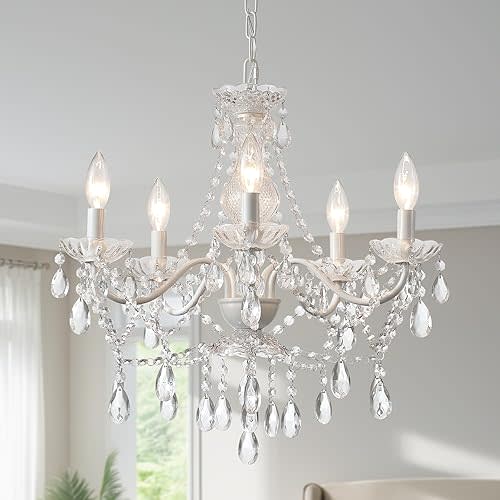 Crystal White Chandelier, Ceramic White Hanging Pendant Light,Crystals Pendant and Glass Dish,5 Light Crystal Chandeliers for Ceiling Medallions,Wedding,Dining,Kitchen, Foyer,Mini