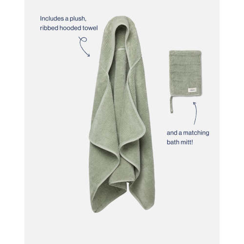 The Ribbed Hooded Towel + Bath Mitt - Sage