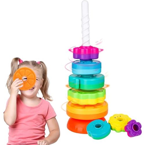 Educational Baby Spinning Stacking Toy, Stacking Rings Baby Toy, Montessori Learning Toys for Toddlers, Fine Motor and Sensory Toys for Kids, Gift for Baby Girls Boys Age 12+ Months