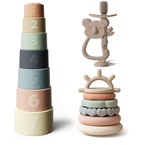Moonkie Baby Toy Bundle | Stacking Cups & Rings + Koala Silicone Teether | 3-in-1 Educational & Teething Set for Babies 6-12 Months | Soft BPA-Free Silicone Toys for Learning, Teething & Play