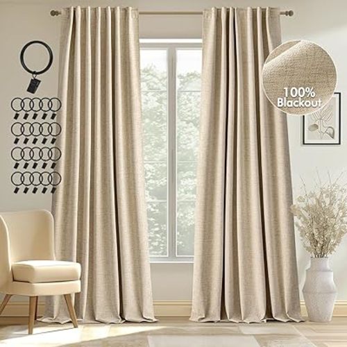 MIULEE 100% Blackout Curtains 84 inches Long, Linen Curtains & Drapes for Bedroom Back Tab Living Black Out Window Treatments Thermal Insulated Room Darkening Rod Pocket, Oatmeal Beige, 2 Panels