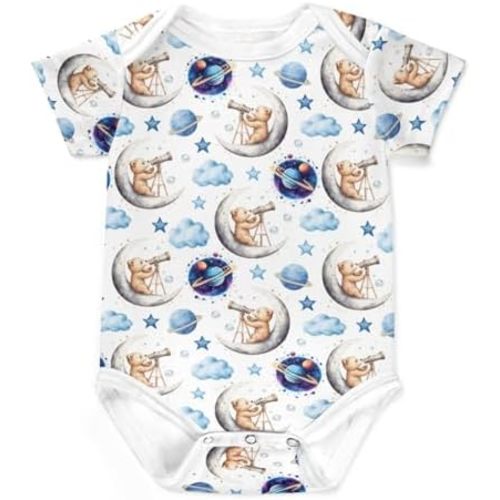 Cute Bear Moon Stars Cloud Blue Baby Bodysuits Bears Telescopes Planet Galaxy Outer Space Romper