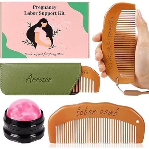 Arrozon 2 Pcs Labor Comb & Massage Roller Ball Kit, Birthing Pregnancy and Hospital Bag Must Haves, PostPartum Home Delivery Essentials, Wooden Birth Comb Pain Relief Baby Shower Gifts for Mom