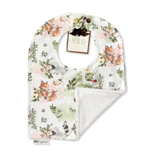Adjustable Snap Bib { Watercolor Nursery Animals } Grows with Baby into a Toddler - Soft & Durable - Woodland Fur Babies- Racoon, Owl, Fox