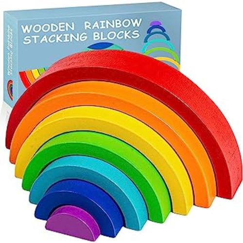 Wooden Rainbow Stacking Toy, Wood Rainbow Stacker Arch Game, Montessori Arch Bridge Rainbow Building Blocks, Colorful Stacking Blocks Puzzles for Kids 2 3 4 5 Years Old, Rainbow Decor Toys