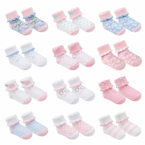Baby Socks 12 Pairs - Non-Slip Infant Grip for Newborns & Toddlers 0-6 Months, Boys & Girls, Safe for Walking