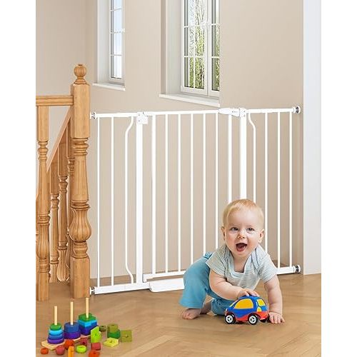 29"-45" Baby Gate for Stairs, Auto Close Stroller Friendly Dog Gate Indoor for Doorways, Pressure Mounted Baby Gate, Easy Walk Through Gate for Children & Pets, White