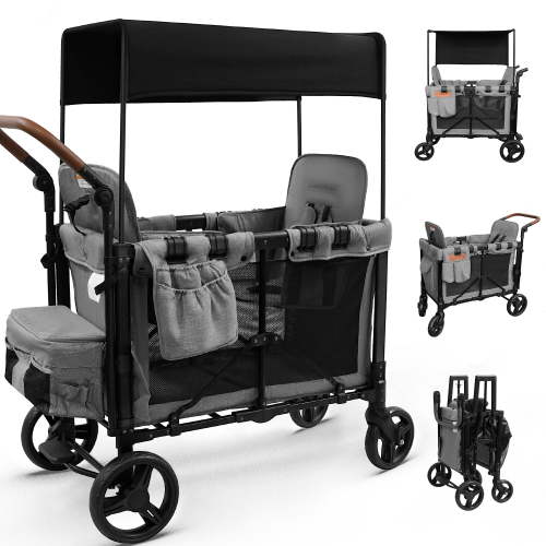 TouHeart Wagon Stroller Double Seat for Toddlers with Canopy, Foldable, Removable Seats, Grey