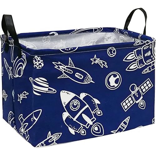 Rectangle Foldable Laundry Basket, Baby Storage Basket for Dirty Cloth, Toys Nursery, Kids Clothes Gift Basket with Handles for Room Decor (REC-Navy Spacecraft)