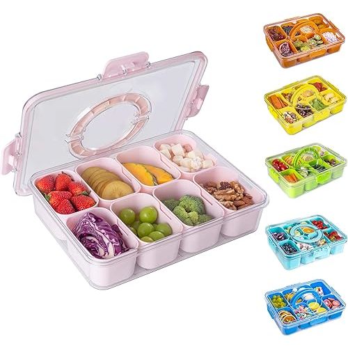 Divided Snack Serving Tray with Lid and Handle Travel Snackle Charcuterie Container Portable Storage Organizer for Candy, Fruits, Nuts, Snacks, Party, Picnic (1pack, Pink)