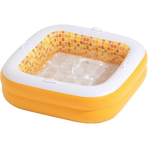 Baby Pool with Cushioned Floor, Handles and Drain - Skin Safe Small Square Inflatable Kiddie Pool, Mini Bathtub and Ball Pit for Babies, Infants & Toddlers 1-3, 34" Orange Burst