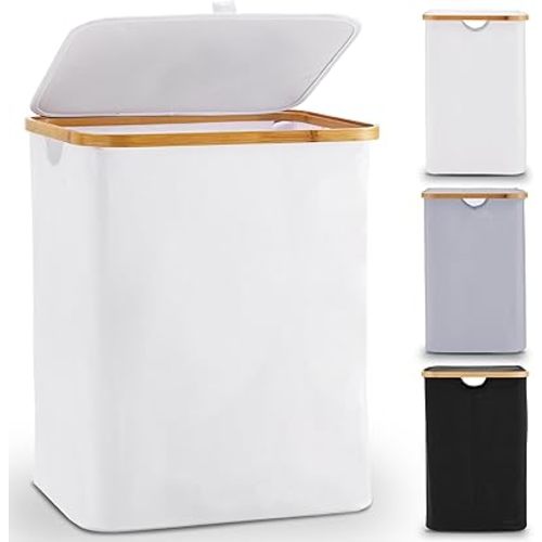 Large Laundry Hamper with Lid, Collapsible Dirty Clothes Basket with Handle Foldable Storage Bin for Towels Blanket Toys in Dorm Bedroom Closet and Bathroom (66L, White)