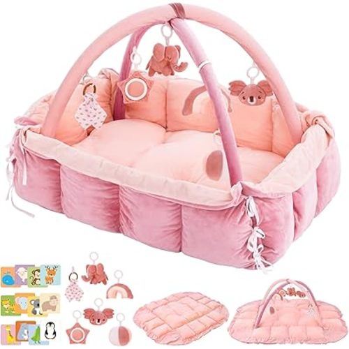 5-in-1 Baby Play Gym and Tummy Time Mat, 12 Learning Cards, Plush Activity Mat with 6 Toys, Baby Gym, Convertible to Ball Pit, Baby Gift, Light Pink