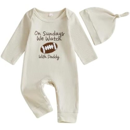 MERSARIPHY Infant Baby Boy Girl Football Outfit On Sundays We Watch Football With Daddy Football Season Romper Jumpsuit + Hat