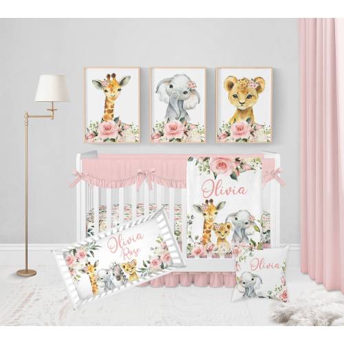Safari Crib Bedding Set, Girl Crib Bedding, Safari Animal Nursery, Pink Floral Crib, Elephant Baby Bedding, Personalized Safari Baby Blanket