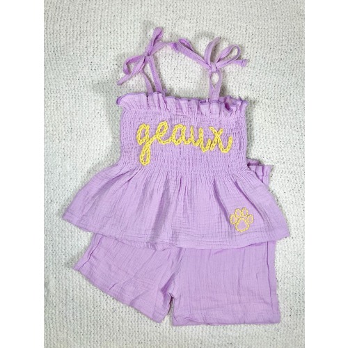 Hand embroidered lsu football Geaux tigers clothing girls set toddler baby girl purple and gold paw print tiger go tigers top and shorts